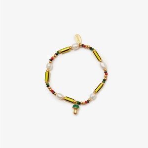 LIKE NEW CLARE V 14K PLATED STRIPED BEAD BRACELET WITH MUSHROOM CHARM